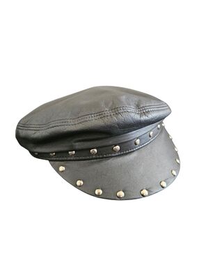 Vintage 90s Henchel Hat Co Black Studded Leather Biker Moto  Newsboy Cap Size XL